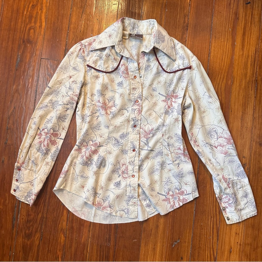 Vintage Women’s Floral Western Button-Up Shirt Pearl Snap Southern Gothic Top M
